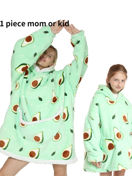 Cartoon Oversized Hoodie Sweatshirt Women Printed Wearable Blanket Hoodie Fleece Warm Kids Sleepwear Hoody Sweatshirt Blanket