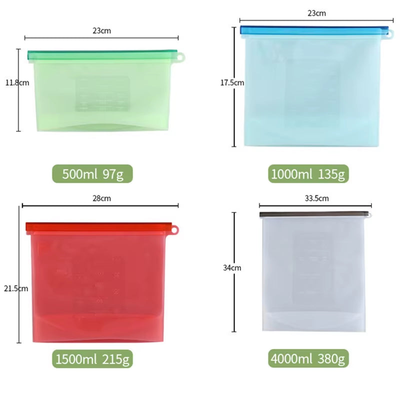 Silicone Bags Reusable Silicone Food Bag Airtight Seal Food Preservation Bag Food Grade for Vegetable, Liquid, Snack, Meat