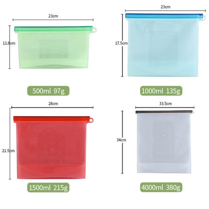 Silicone Bags Reusable Silicone Food Bag Airtight Seal Food Preservation Bag Food Grade for Vegetable, Liquid, Snack, Meat