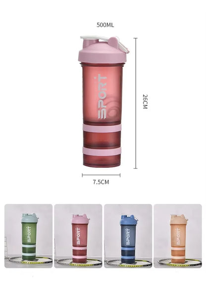 500ML 3-Layer Sports Water Protein Powder Shaker Bottle Outdoor Travel Portable Leakproof Drinkware Plastic Drink BPA Free