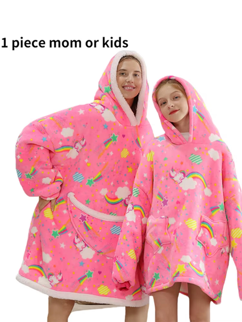 Cartoon Oversized Hoodie Sweatshirt Women Printed Wearable Blanket Hoodie Fleece Warm Kids Sleepwear Hoody Sweatshirt Blanket